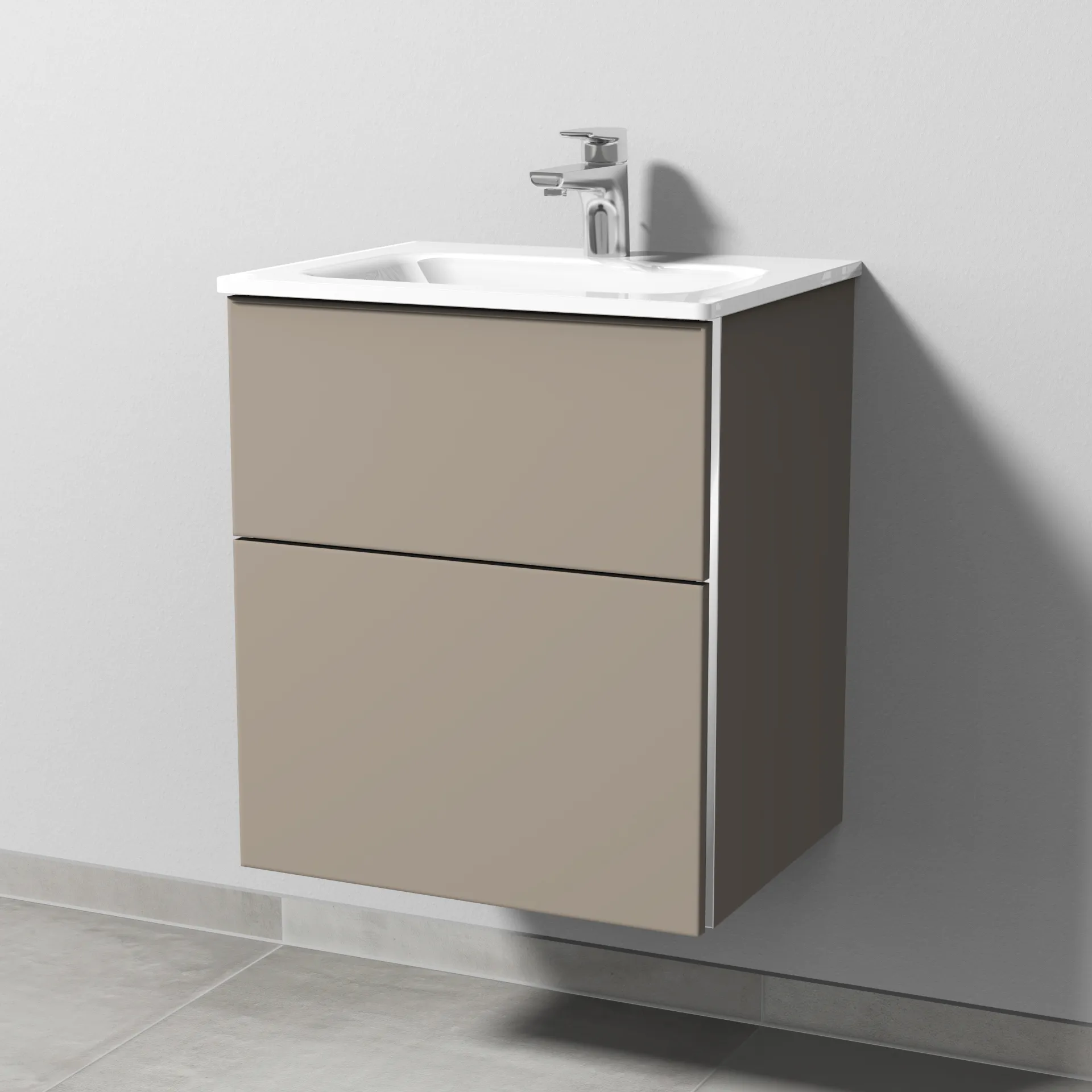 Sanipa Glas-Waschtisch-Waschtischunterschrank mit Waschtischunterschrank „3way“ 500 × 582 × 407 mm in Sandgrau (matt), mit Hahnlochbohrung