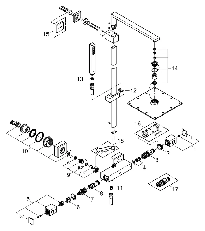 Duschsystem Euphoria Cube System 230 26087, mit Aufputz-Thermostatbatterie, Wandmontage, chrom