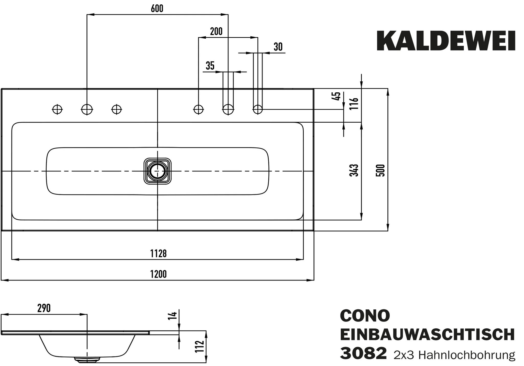 Kaldewei CONO Einbau-Doppelwaschtisch, 1200x500 mm, cool grey 90, Perl-Effekt, Antidröhn, 2x3er Hahnlochbohrung