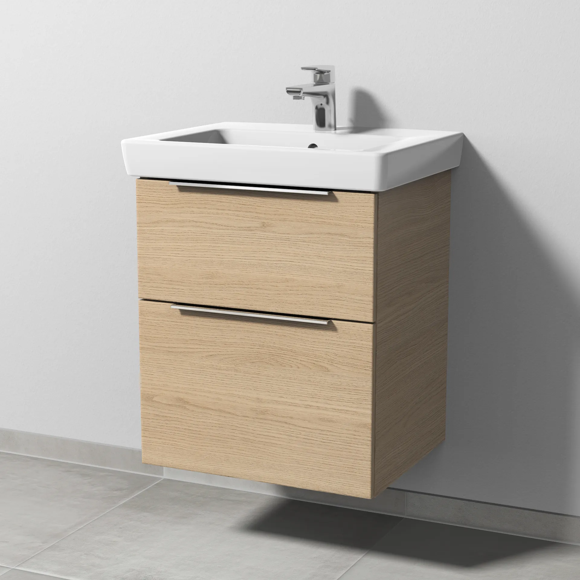 Sanipa Waschtischunterschrank „3way“ passend zu Keramik-Waschtische Subway 2.0 von Villeroy & Boch 500 × 593 × 417 mm in Eiche Nordic, Becken mittig