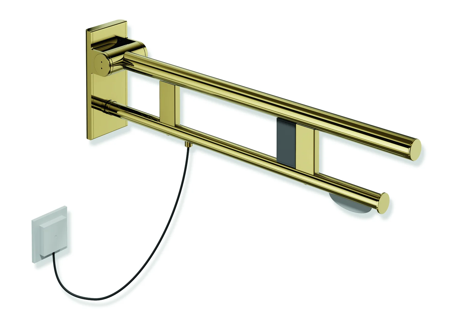 HEWI Stützklappgriff Duo System 900, Design A, Edelstahl PVD gold glänzend, Ausladung 700 mm, mit WC-Papierhalter und Spülauslösung rechts