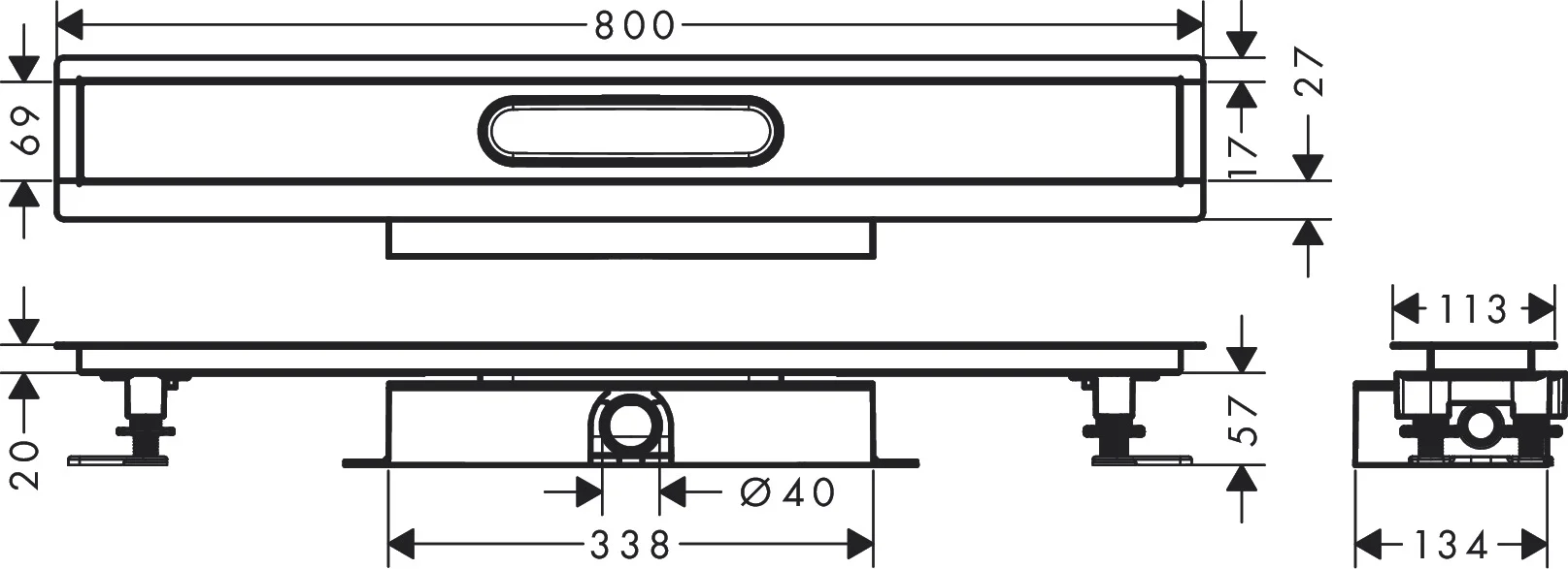 Hansgrohe uBox universal Komplettset für flache Installation 800 mm, 3-seitiger Anschluss, waagerechter Auslass, DN40