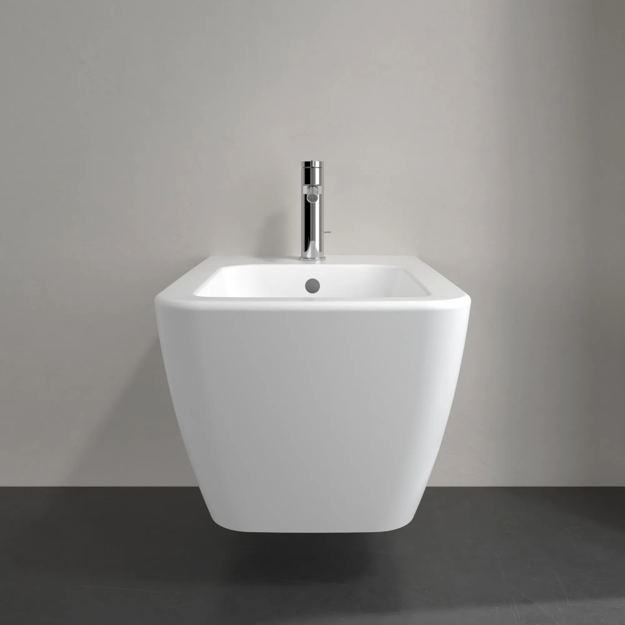 Villeroy & Boch Bidet „Finion“, Befestigung verdeckt, mit Hahnlochbohrung 375 × 320 × 560 mm in Stone White, mit CeramicPlus