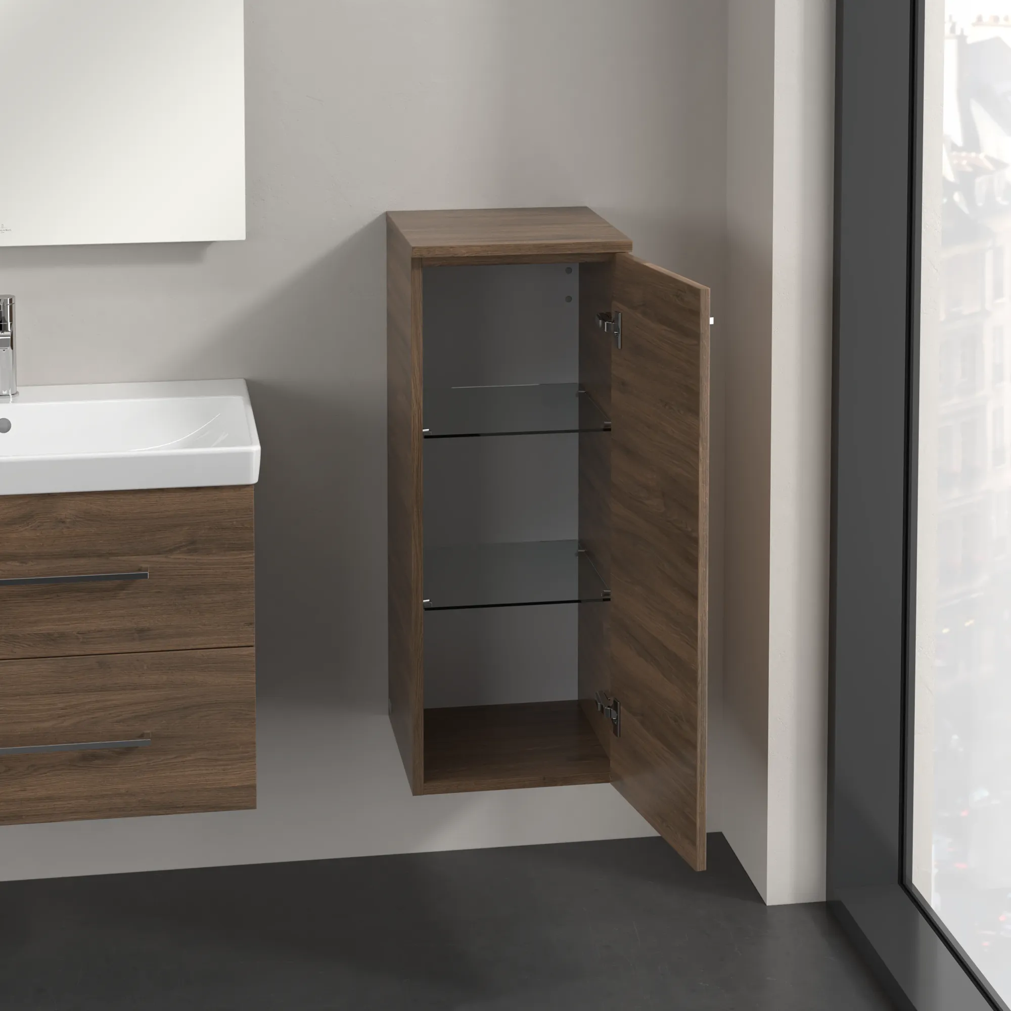 Villeroy & Boch Seitenschrank „Avento“ 35 × 89 × 37,3 × 37,3 cm Arizona Oak, Anschlag rechts, Soft Closing, 1 Tür