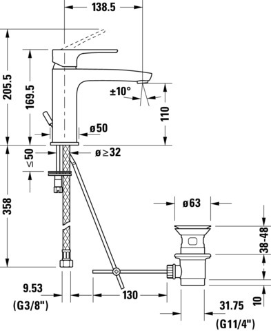 B.1 Einhebel-Waschtischmischer M mit Zugstange,Höhe 169,5 Auslauf138,5mm