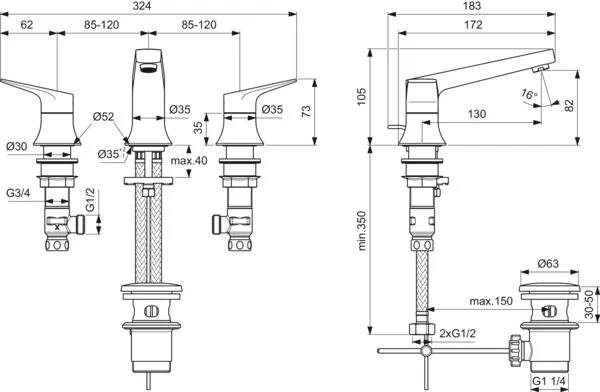 3-Loch-Waschtischarmatur La Dolce Vita mit Ablaufgarnitur Brushed Gold 3-Loch-Waschtischarmatur La Dolce Vita mit Ablaufgarnitur Brushed Gold