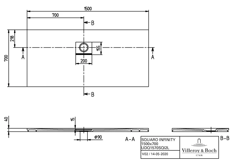 Villeroy & Boch rechteck Duschwanne „Squaro Infinity“ Eck-Einbau links gegen Wand 150 × 70 cm