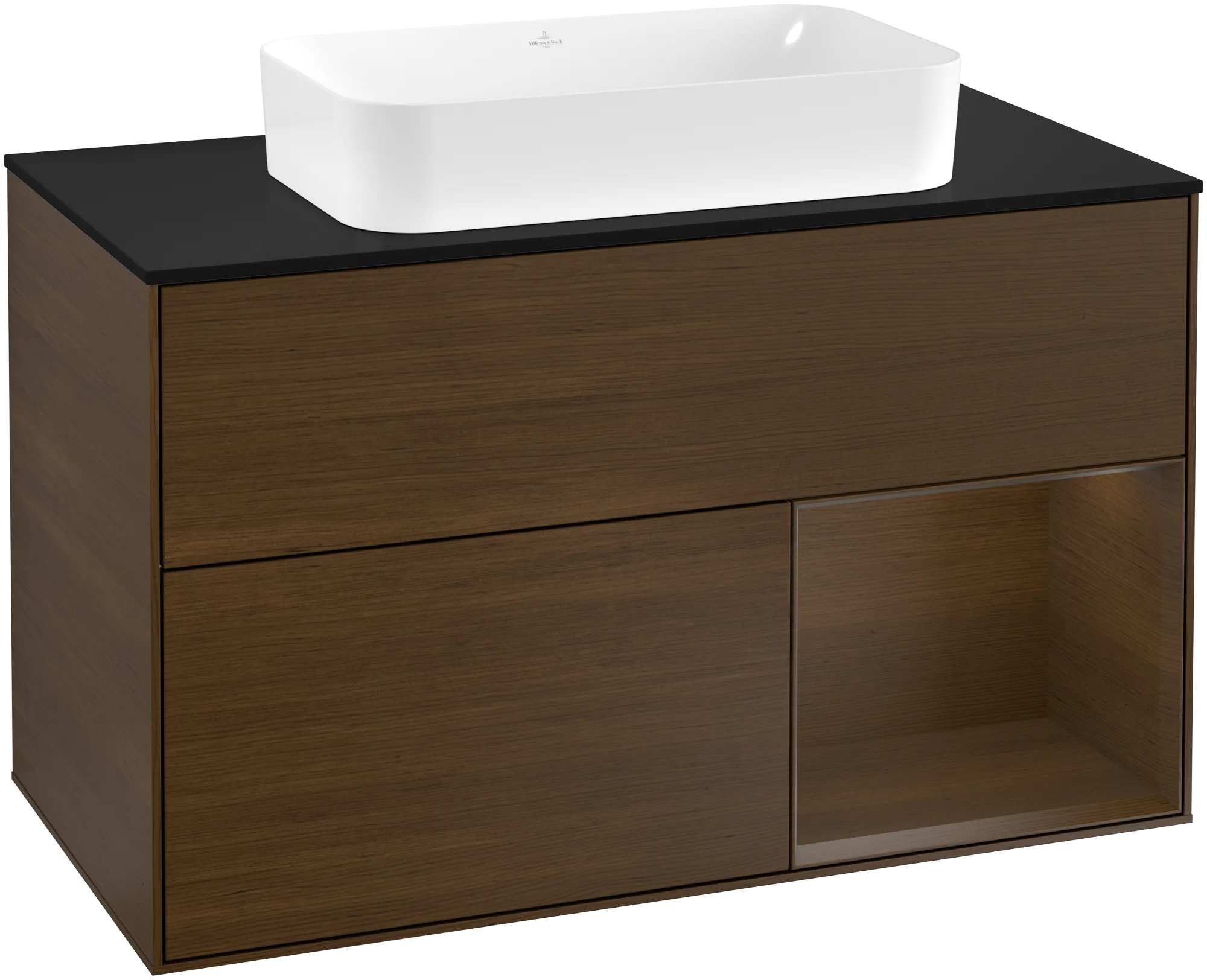 Villeroy & Boch Finion Waschbeckenunterschrank G25, 1000 x 603 x 501 mm, mit Beleuchtung, Walnut Veneer / Glass Black Matt