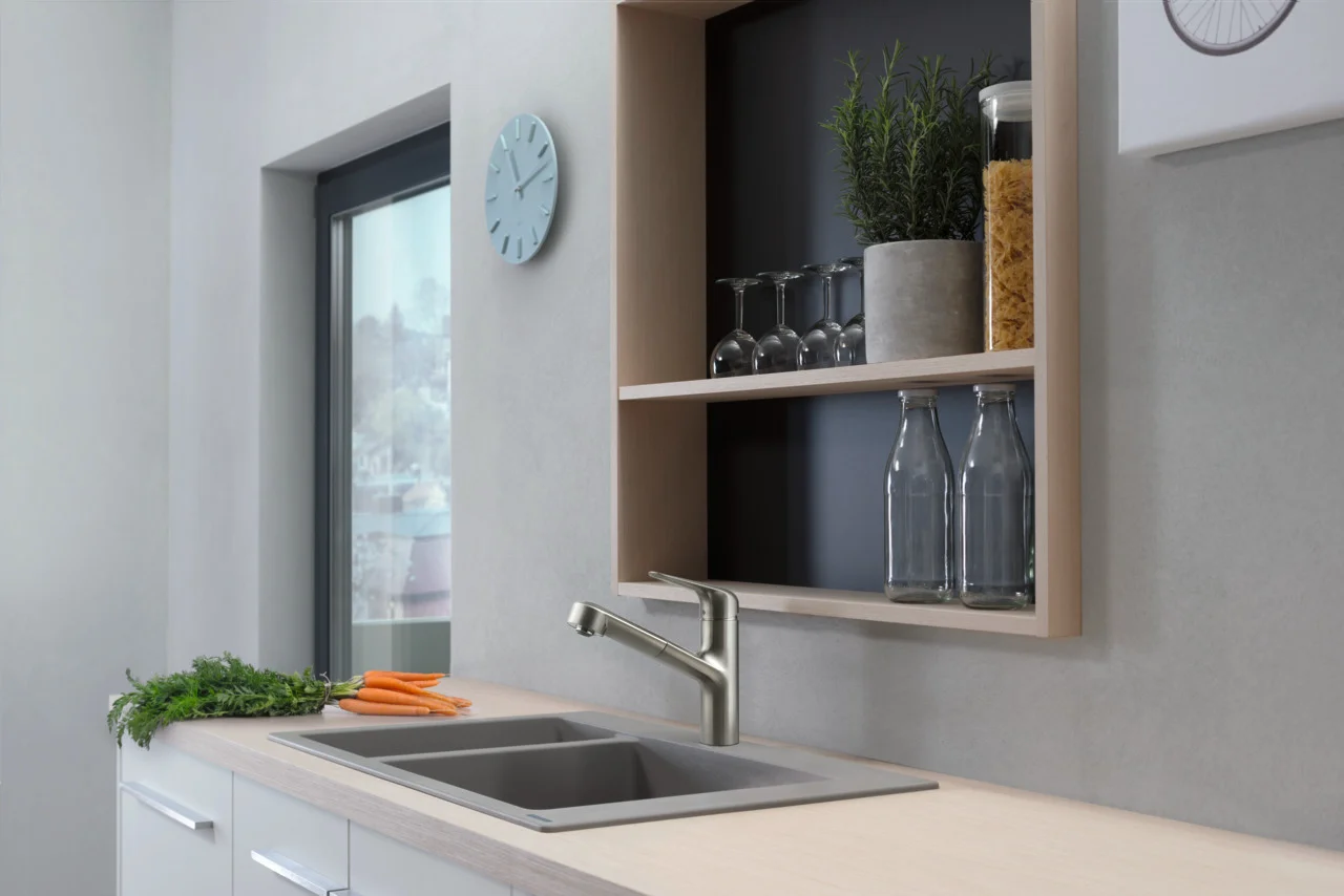 Hansgrohe Einbauspüle S51 Serie, Betongrau, 750 x 490 mm Ausschnitt, Aufbau, 80 cm Unterschrank, 1 Hauptbecken + 1 Zusatzbecken Hansgrohe Einbauspüle S51 Serie, Betongrau, 750 x 490 mm Ausschnitt, Aufbau, 80 cm Unterschrank, 1 Hauptbecken + 1 Zusatzbecken