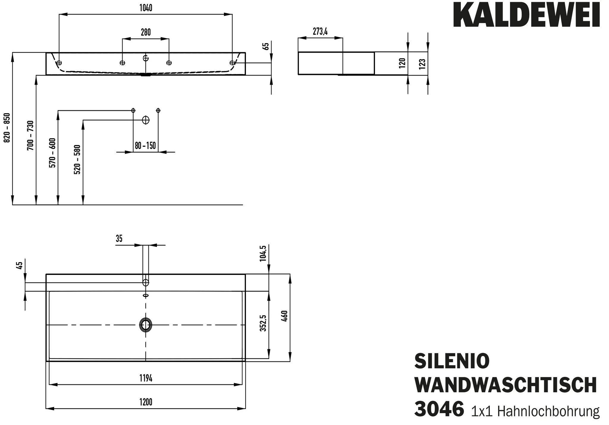 Kaldewei SILENIO Wandwaschtisch, schwarz Perl-Effekt, 1200x460 mm, 120 mm Randhöhe, mit Überlauf, 1x 1er Hahnlochbohrung