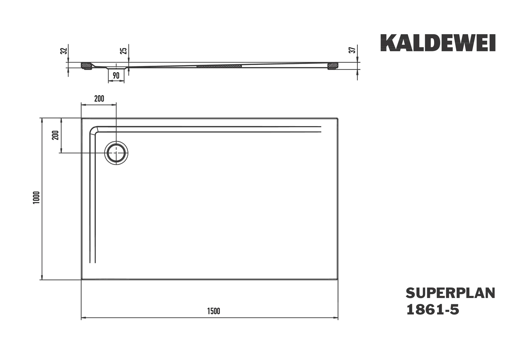 Kaldewei SUPERPLAN Duschfläche extraflach, 1000x1500 mm, Alpinweiß, Invisible Grip, Eckablauf, 32 mm Randhöhe