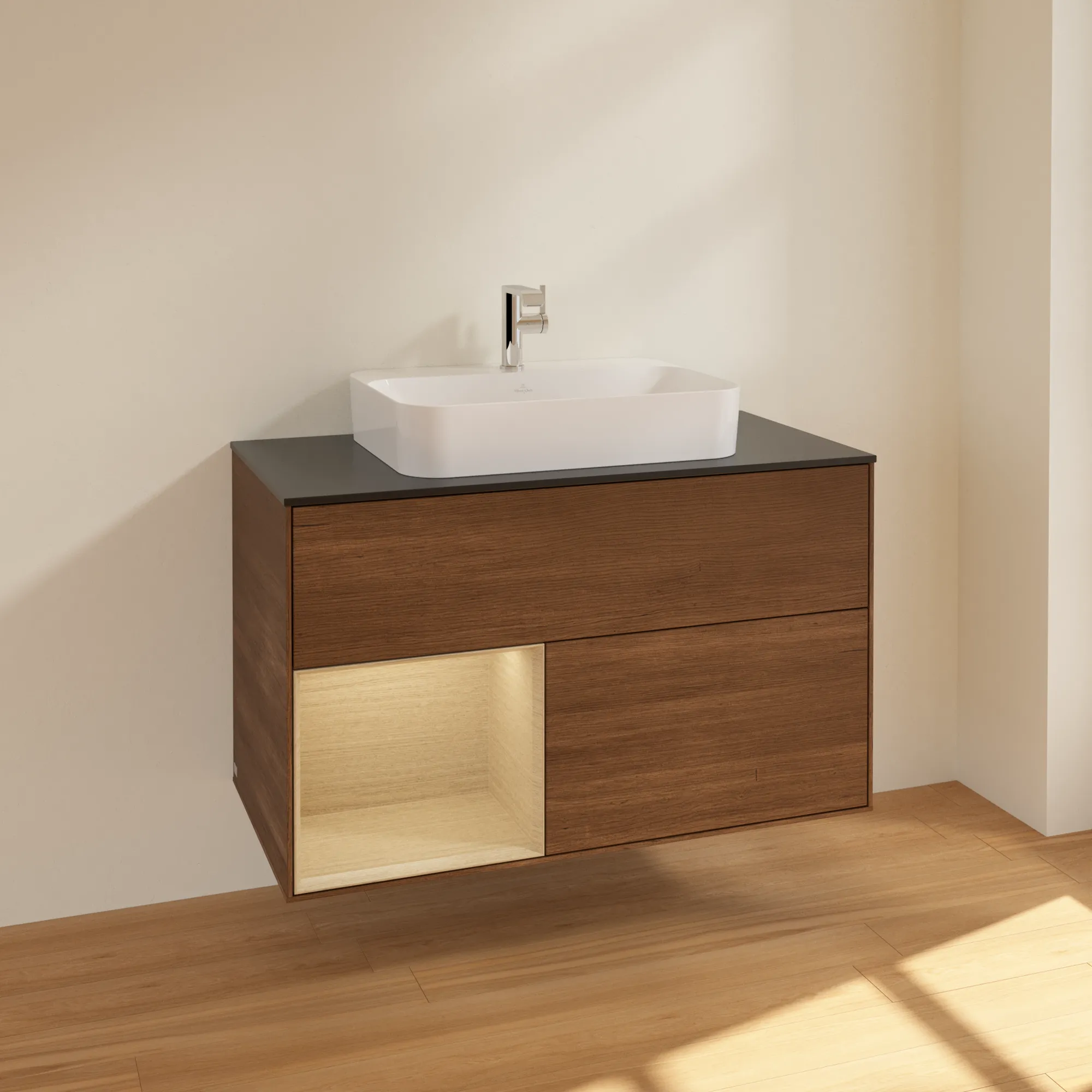 Villeroy & Boch Waschtischunterschrank „Finion“ für Schrankwaschtisch 1000 × 603 × 501 mm Walnut Veneer, für Becken mittig Villeroy & Boch Waschtischunterschrank „Finion“ für Schrankwaschtisch 1000 × 603 × 501 mm Walnut Veneer, für Becken mittig
