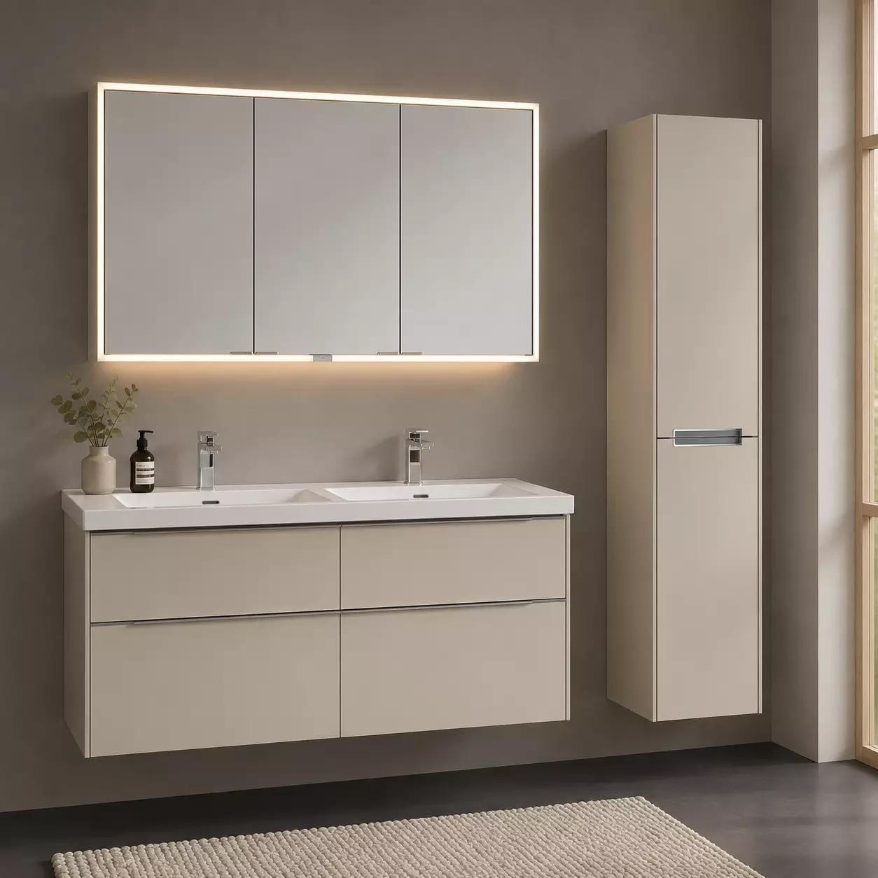 Villeroy & Boch Set-Möbelset aus Spiegelschrank, Doppelwaschtisch, Unterschrank und Hochschrank in Cashmere Grey