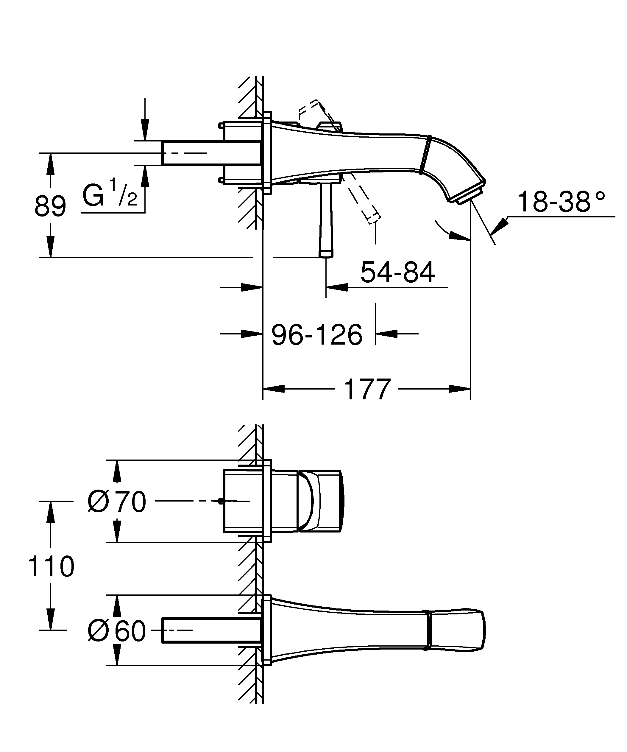 2-Loch-Waschtischbatterie Grandera 29416, Wandmontage, Fertigmontageset für 23 319, Ausladung 177 mm, chrom