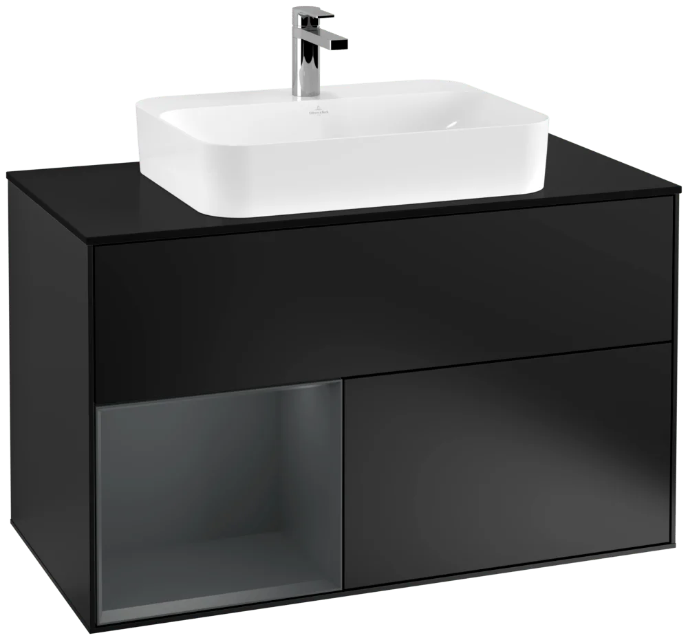 Villeroy & Boch Waschbeckenunterschrank Finion F36, 1000x603x501 mm, Black Matt Lacquer mit Midnight Blue Regal, Beleuchtung dimmbar, SoftClosing, Push-to-Open