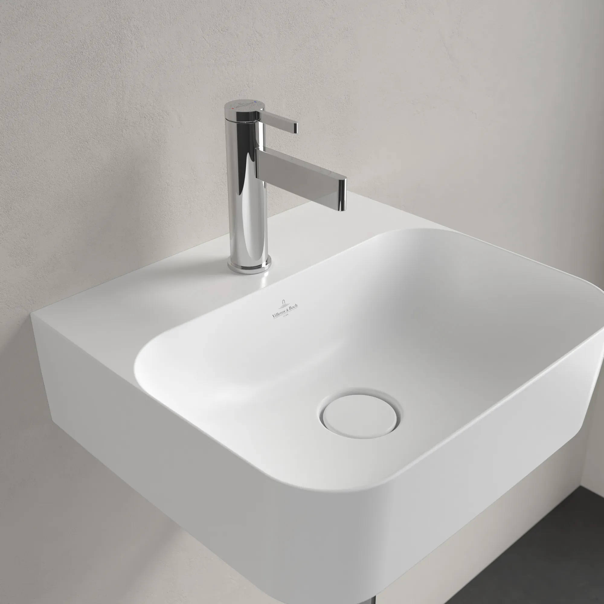 Villeroy & Boch Handwaschbecken aus TitanCeram „Finion“ 430 × 390 × 140 mm, mit Hahnlochbohrung, Hahnlochposition mittig in Stone White, mit CeramicPlus Villeroy & Boch Handwaschbecken aus TitanCeram „Finion“ 430 × 390 × 140 mm, mit Hahnlochbohrung, Hahnlochposition mittig in Stone White, mit CeramicPlus