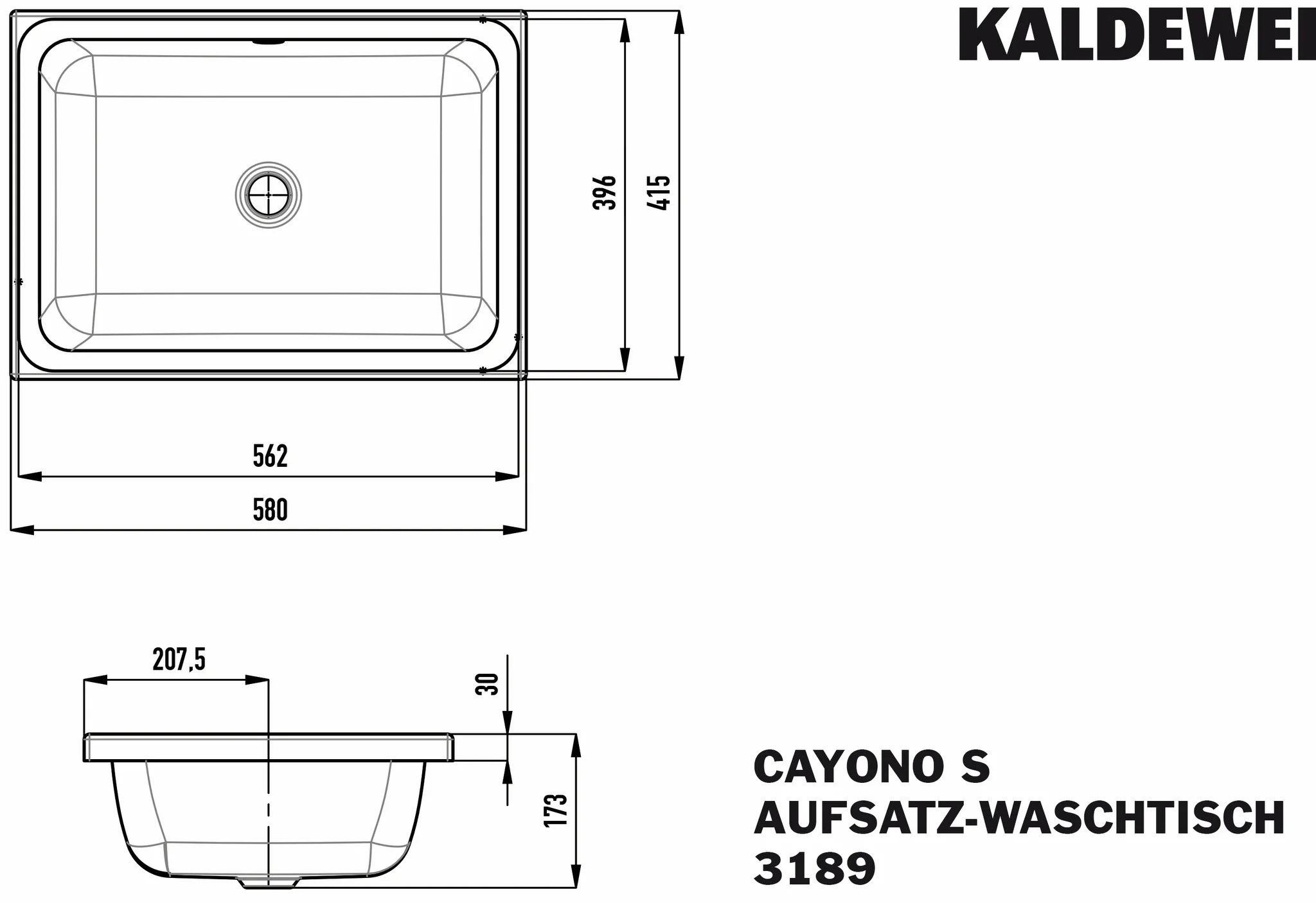 Kaldewei Aufsatzwaschtisch „Cayono S“, ohne Hahnlochbohrung in alpinweiß, 580 × 415 × 173 mm Kaldewei Aufsatzwaschtisch „Cayono S“, ohne Hahnlochbohrung in alpinweiß, 580 × 415 × 173 mm