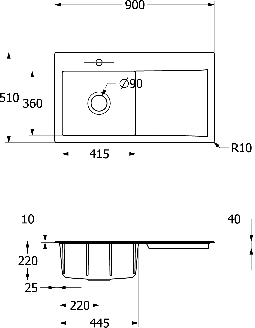 Villeroy & Boch Einbau-Küchenspülbecken „Subway Style“ 50 900 × 510 × 220 mm, für Becken links in Weiß Alpin