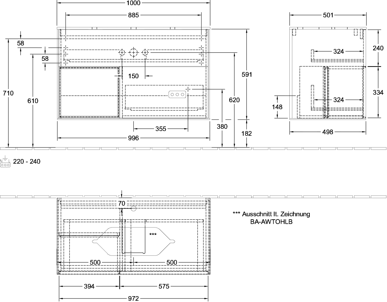 Villeroy & Boch Waschtischunterschrank „Finion“ für Schrankwaschtisch 1000 × 603 × 501 mm White Matt Lacquer, für Becken mittig, mit Hahnlochbohrung