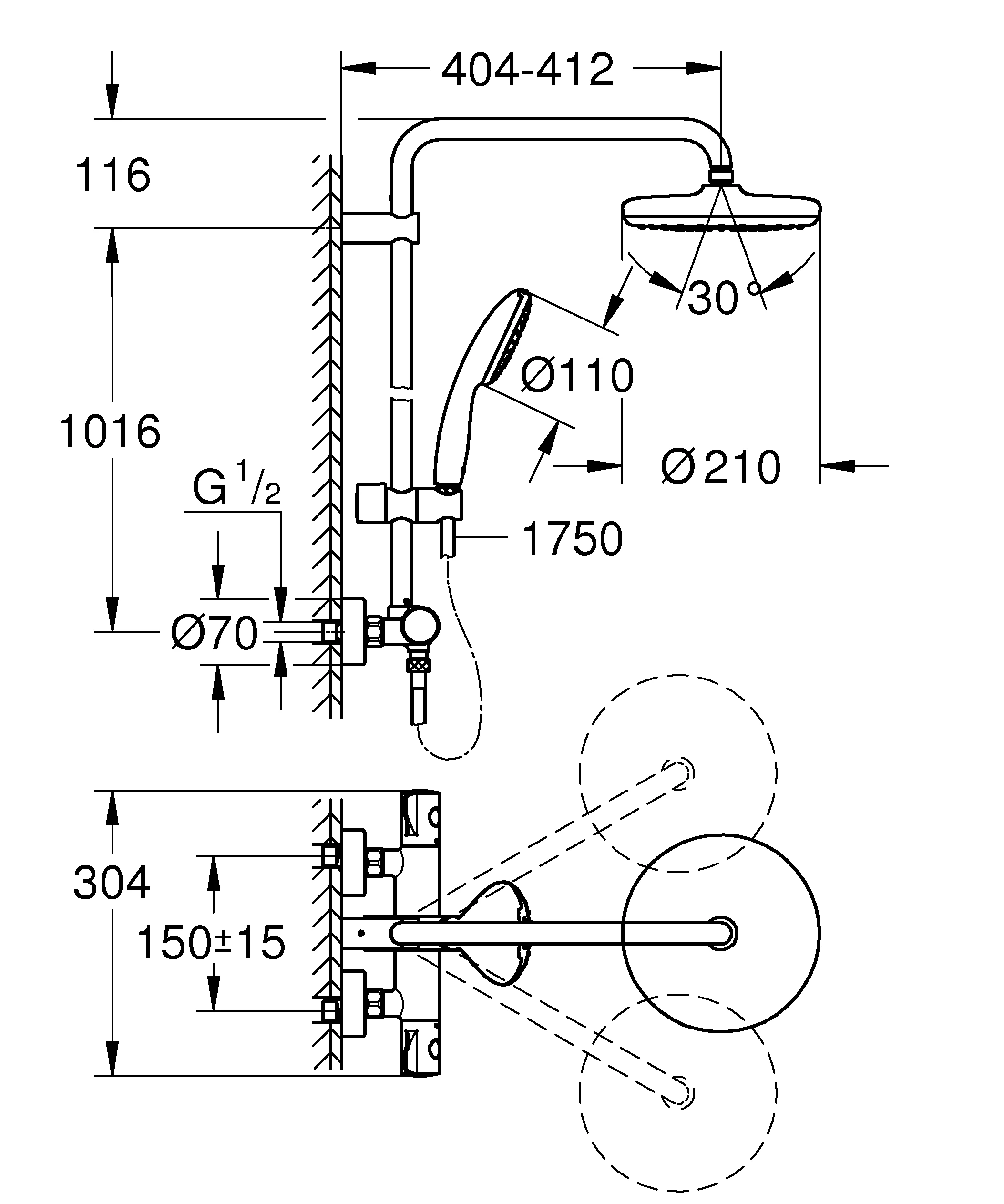 Duschsystem Tempesta 210 26811_1, mit Thermostat, Wandmontage, Kopfbrause Tempesta 210, Brauseboden weiß, Strahlart: Rain, Handbrause Tempesta 110, Strahlart: Rain, Water Saving, (28 410), Maximaler Durchfluss (bei 3 bar): 8.7 l/min, chrom