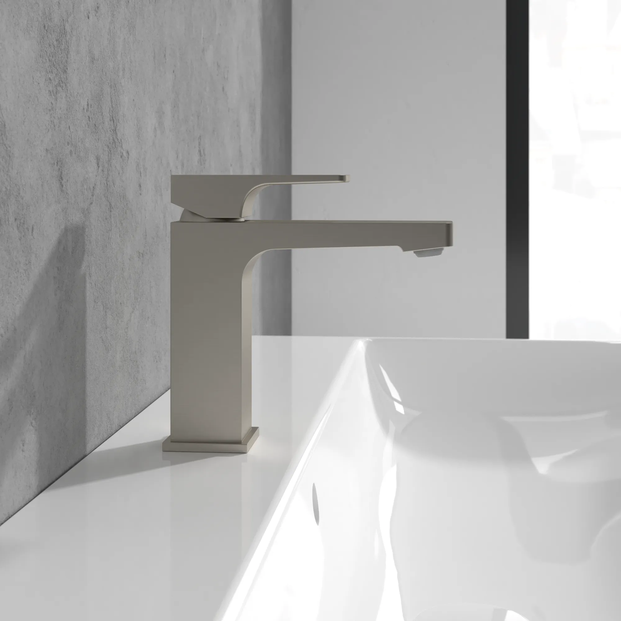 Einhand-Waschtischarmatur „Architectura Square“ 16,5 cm Ausladung 130 mm in Brushed Nickel Matt Einhand-Waschtischarmatur „Architectura Square“ 16,5 cm Ausladung 130 mm in Brushed Nickel Matt