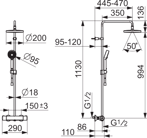 HA Regenbrause-Duscharmatur HANSAMICRA 4435 3-strahlig Ausladung 445-470 mm Chrom