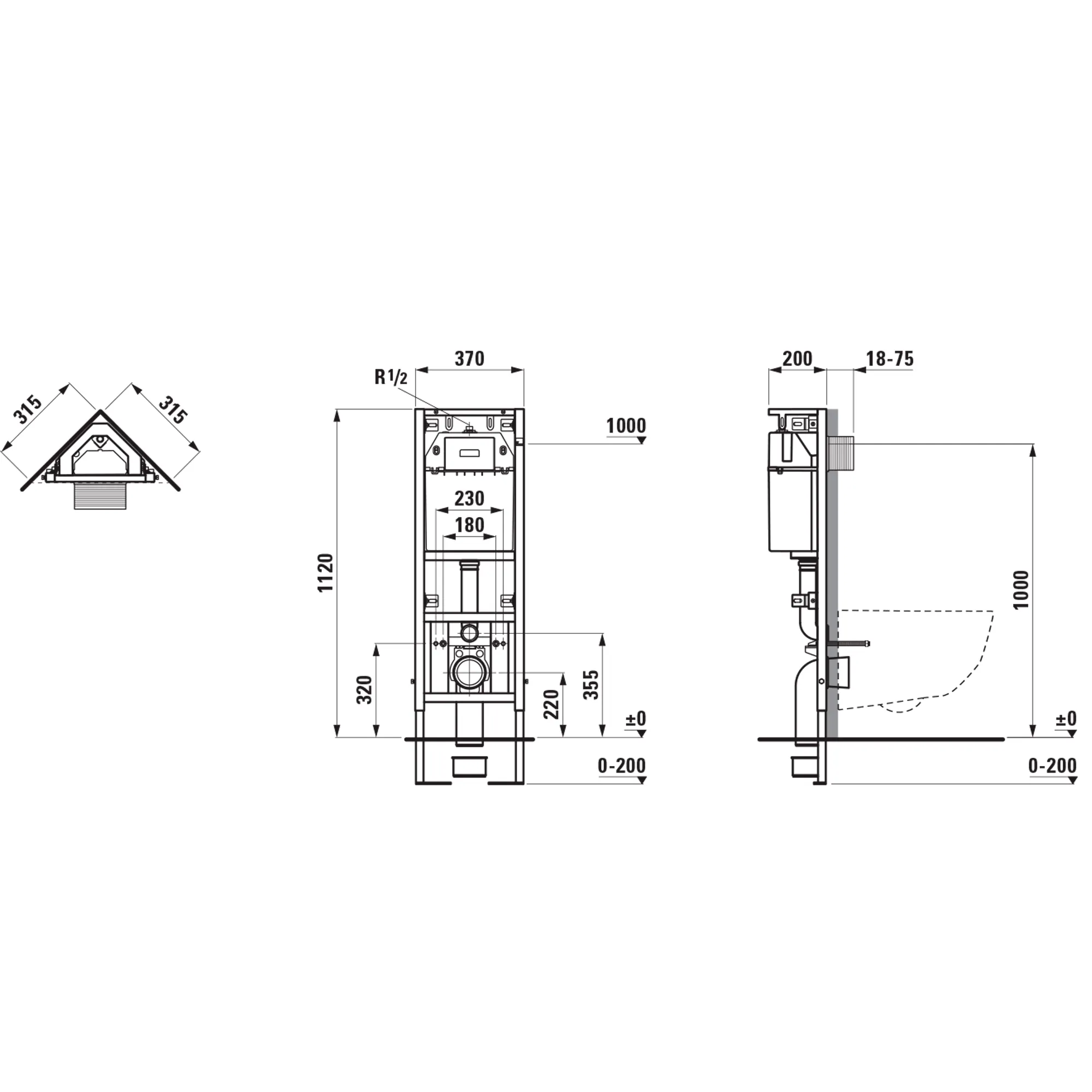 Eck-Installationselement INEOLINK mit Spülkasten für Wand-WC, Bauhöhe 1120 mm, Stahlrahmen, Füße höhenverstellbar und drehbar, Spülkasten vormontiert, für Frontbetätigung, mit Dual-Flush 2-Mengen-Spülsystem