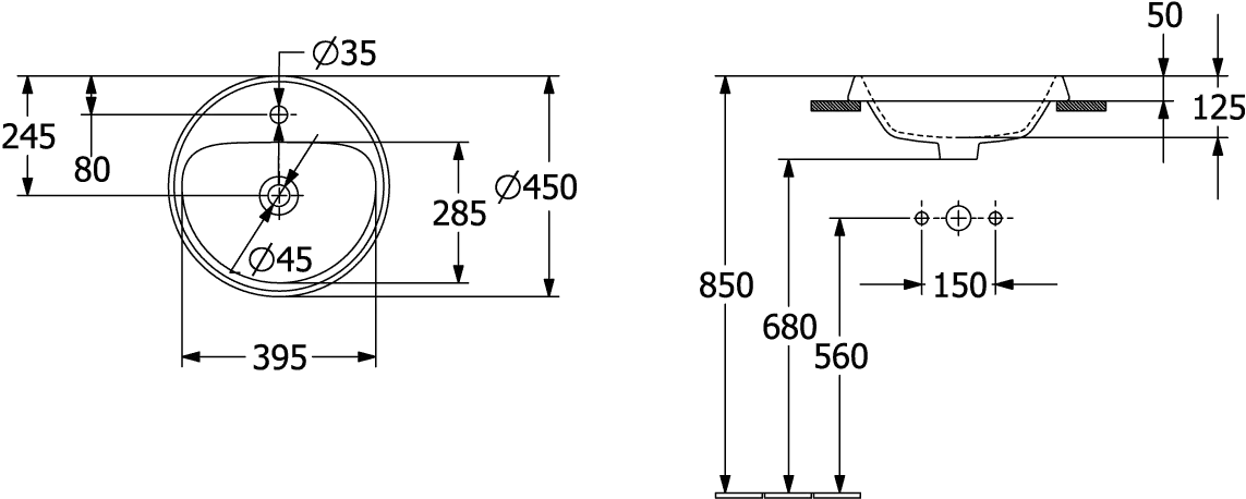 Einbauwaschtisch „Architectura“ ⌀ 450 mm, mit Hahnlochbohrung, Hahnlochposition mittig