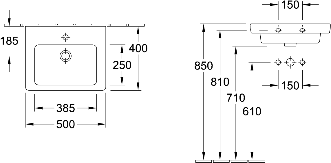 Villeroy & Boch Handwaschbecken Subway 2.0 7315F0, 500x400mm, Rechteck, 1HL. m. ÜL., Weiß Alpin
