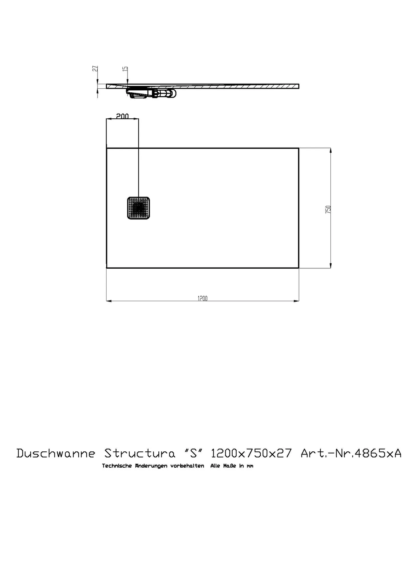 Duschwanne Structura ″S″ 1200x750x27 in gesoftete Schieferoptik, mit Antirutsch B, Material Solique, Weiß