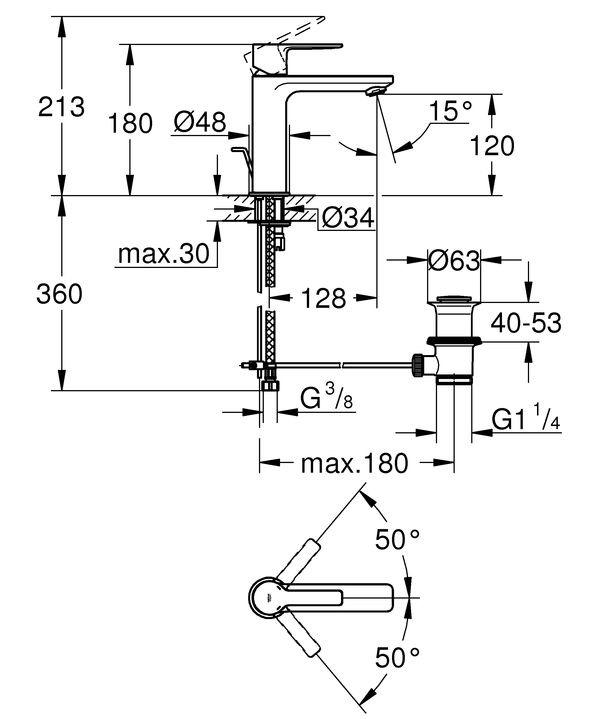 Einhand-Waschtischbatterie Lineare 32114_1, S-Size, Einlochmontage, Zugstangen-Ablaufgarnitur 1 1/4″, chrom