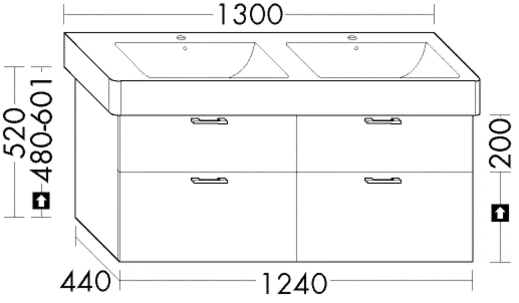 Waschtischunterschrank Sys30 von burgbad – 1.240 mm breit, 520 mm hoch, 440 mm tief, 2 Schubladen oben, 2 Auszüge unten, für Geberit Renova Plan 501.710/501.711/501.712/501.713