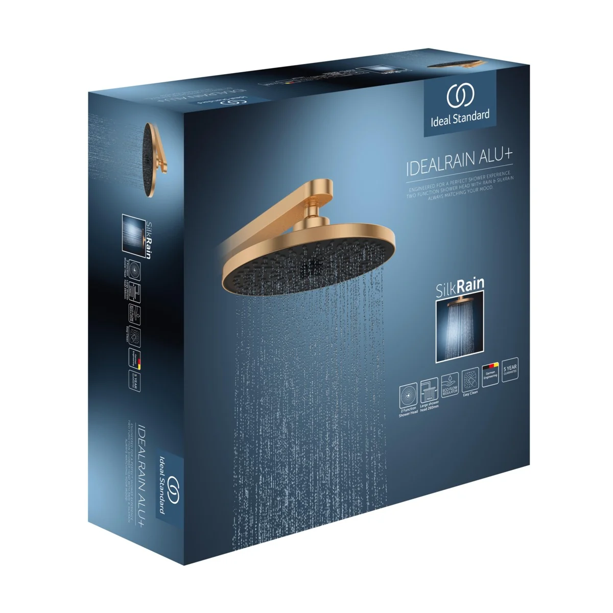 Ideal Standard Idealrain Alu+ 2-Funktions-Kopfbrause in Bronze, Durchmesser 260 mm, mit sanftem Regen- und Regenstrahl