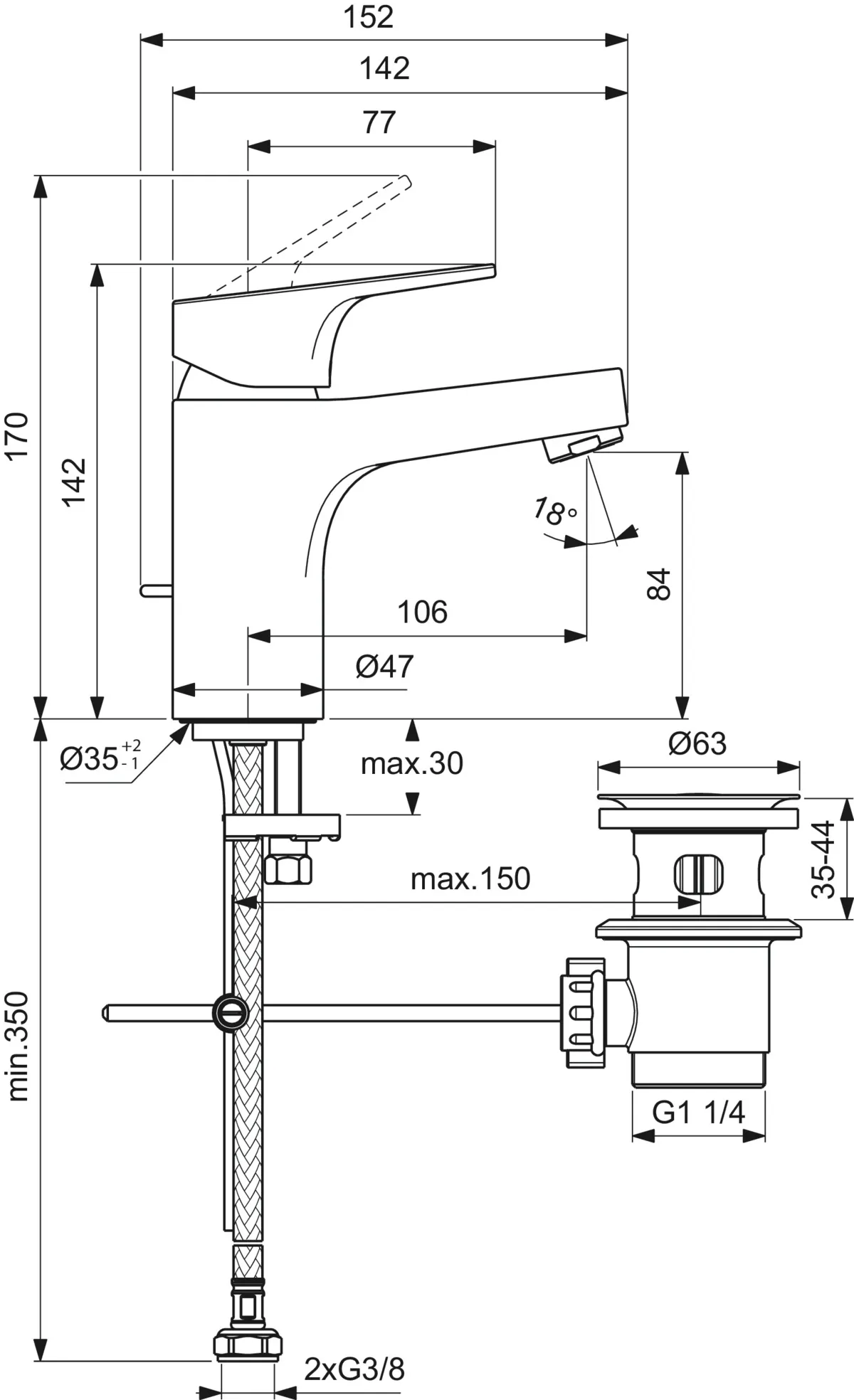 Waschtischarmatur H80 Cerabase mit Metall-Ablaufgarnitur Ausladung 106mm Chrom