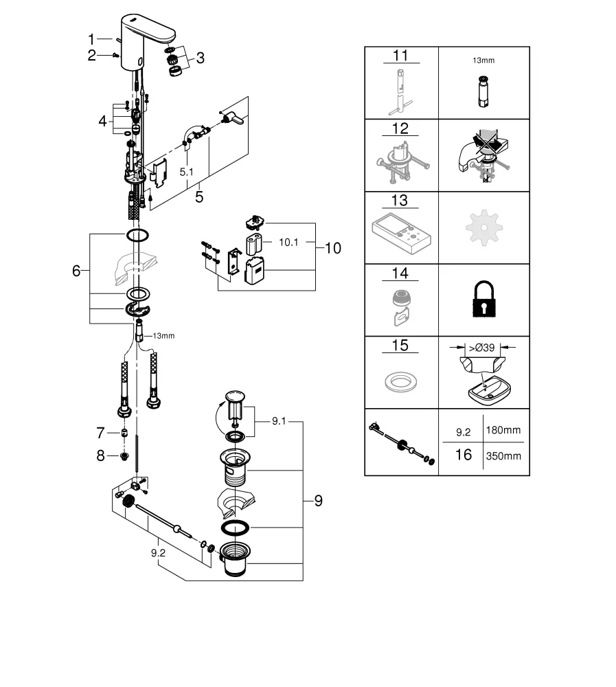 Infrarot-Elektronik für Waschtisch Eurosmart CE 36331_1, mit Mischung, Rückflussverhinderer, 6 V Lithium-Batterie, Typ CR-P2, Zugstangen-Ablaufgarnitur 1 1/4″, chrom