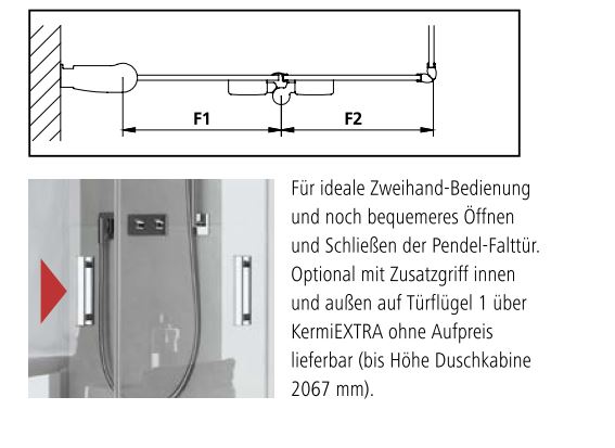 Kermi Pendel-Falttür Eckeinstieg 2-teilig Halbteil rechts „Diga“ Glas SR Opaco, Falttür BV: 1180 - 1200 mm GAK: 1165 - 1185 mm WE: 1190 - 1210 mm H: 1850 mm