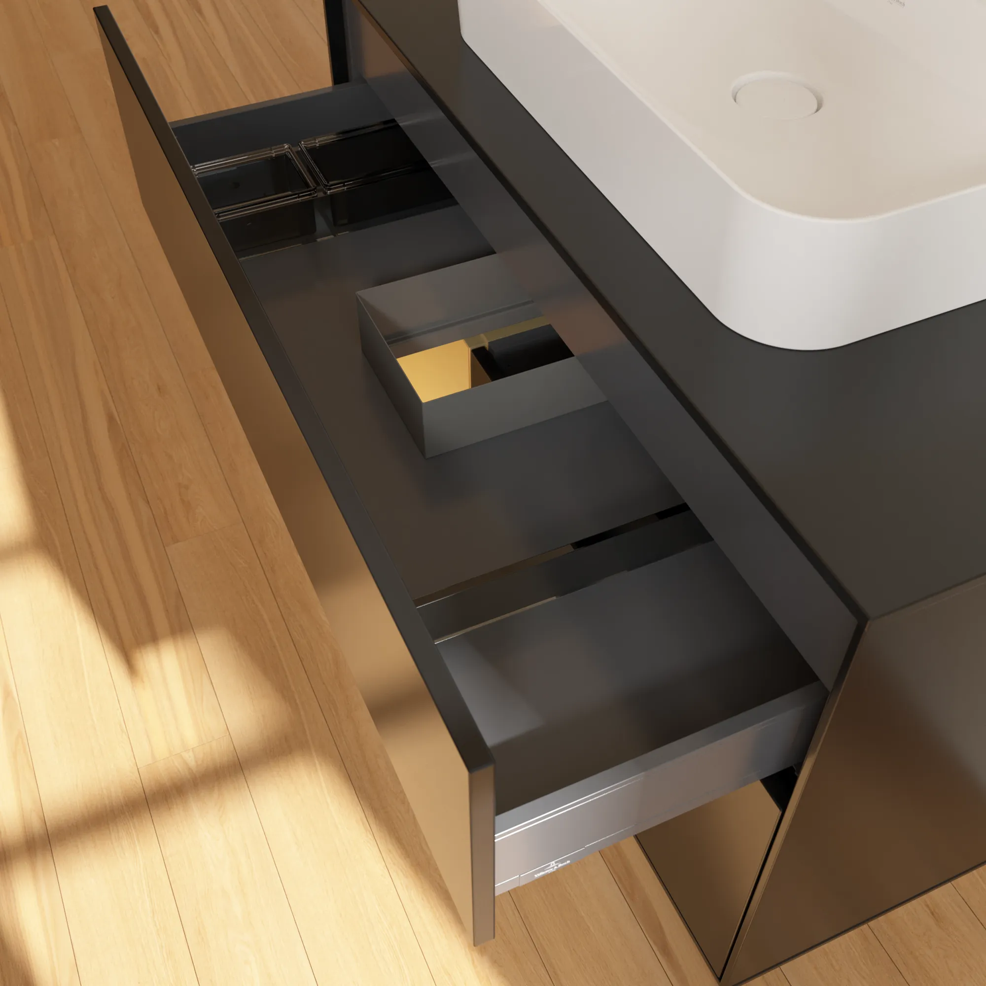 Villeroy & Boch Waschbeckenunterschrank Finion F36, 1000x603x501 mm, Black Matt Lacquer mit Gold Akzenten, mit Beleuchtung und SoftClosing