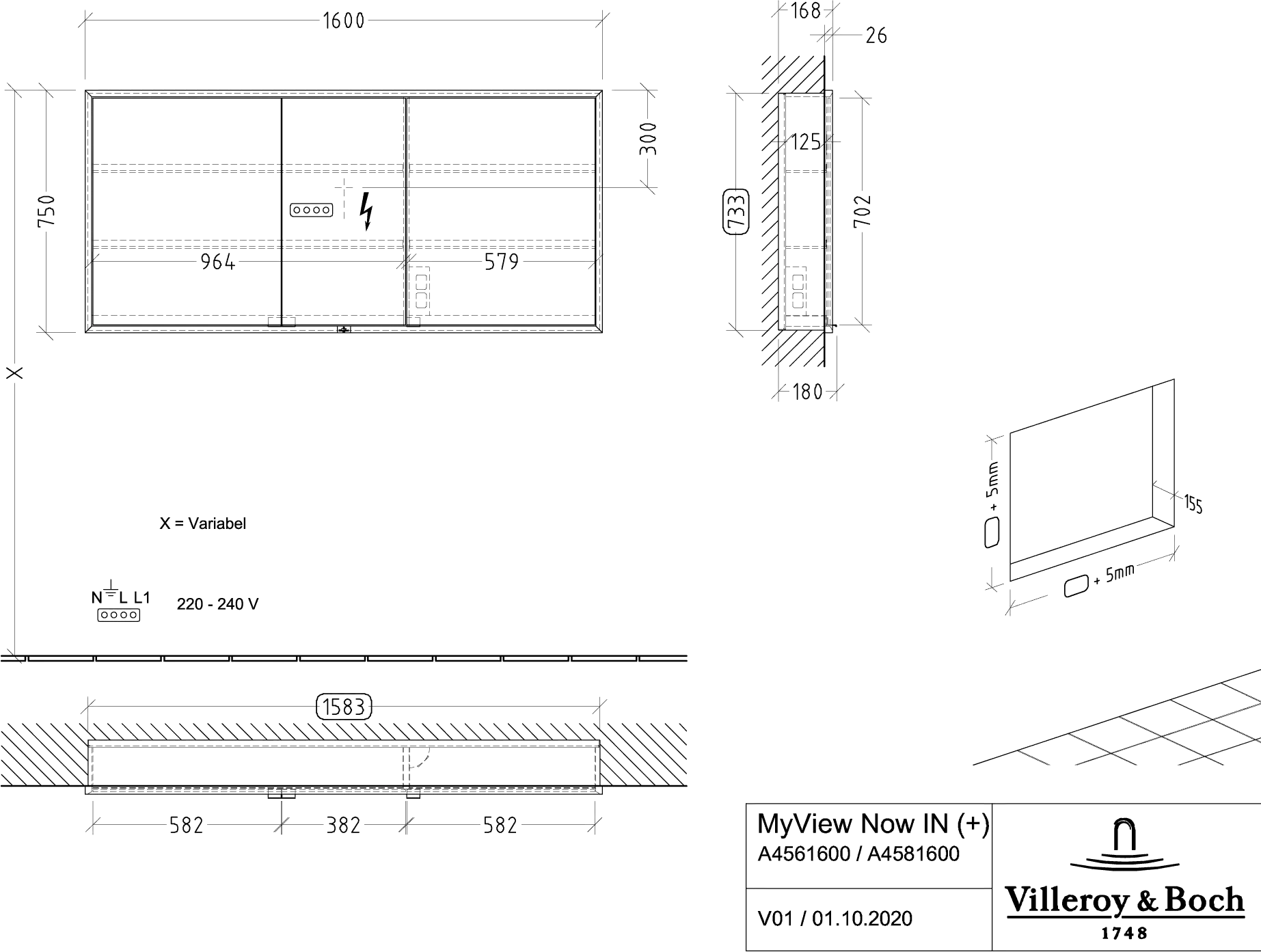 Villeroy & Boch Einbau-Spiegelschrank „My View+“ 1600 × 750 × 168 mm in Volcano Black