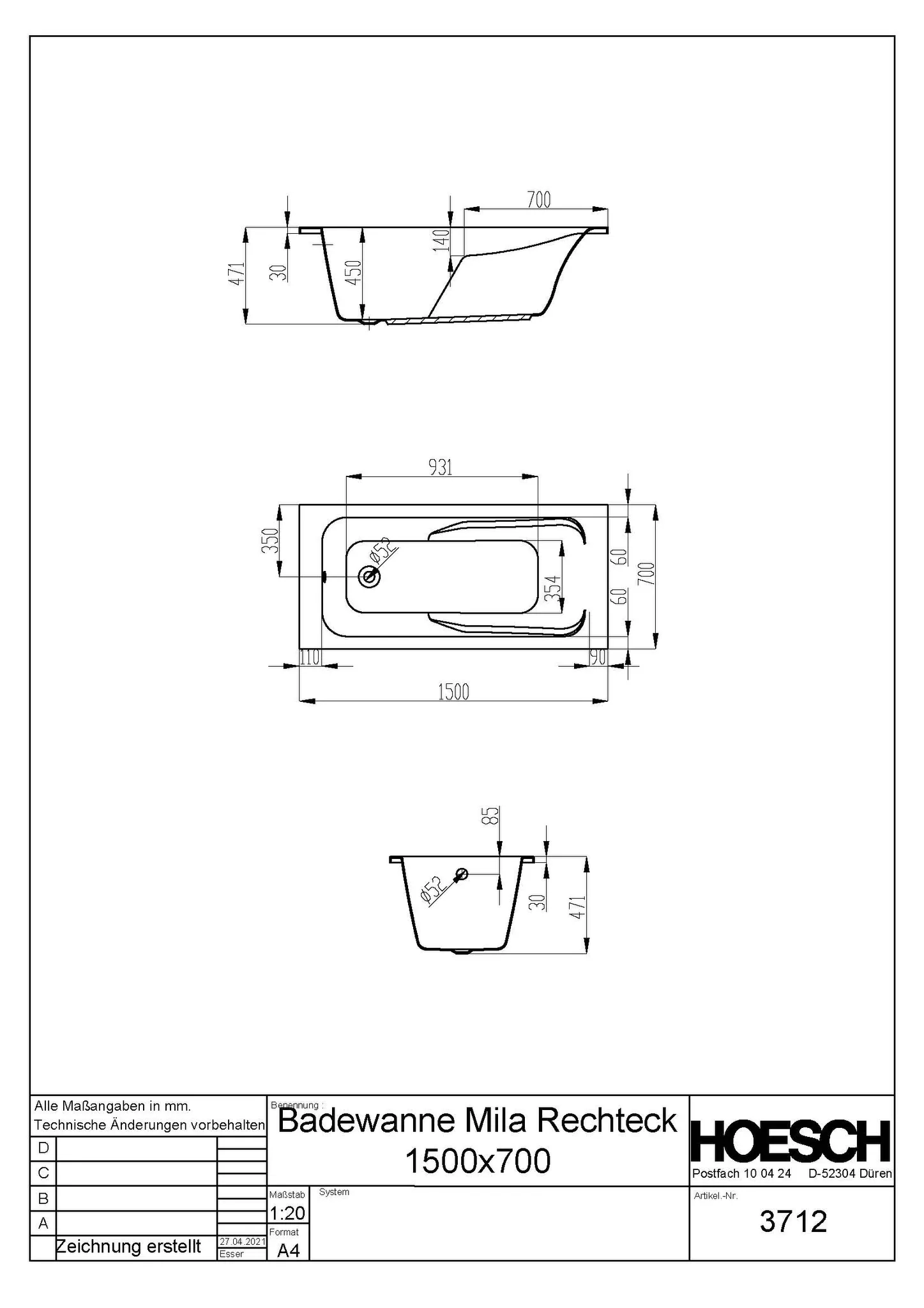 Hoesch Badewanne „Mila“ rechteck 150 × 70 cm in Weiß