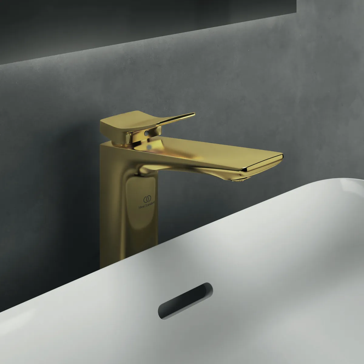 Waschtischarmatur Conca, mit verlängertem Sockel, mit Ablaufgarnitur, Ausladung 150mm, Brushed Gold Waschtischarmatur Conca, mit verlängertem Sockel, mit Ablaufgarnitur, Ausladung 150mm, Brushed Gold