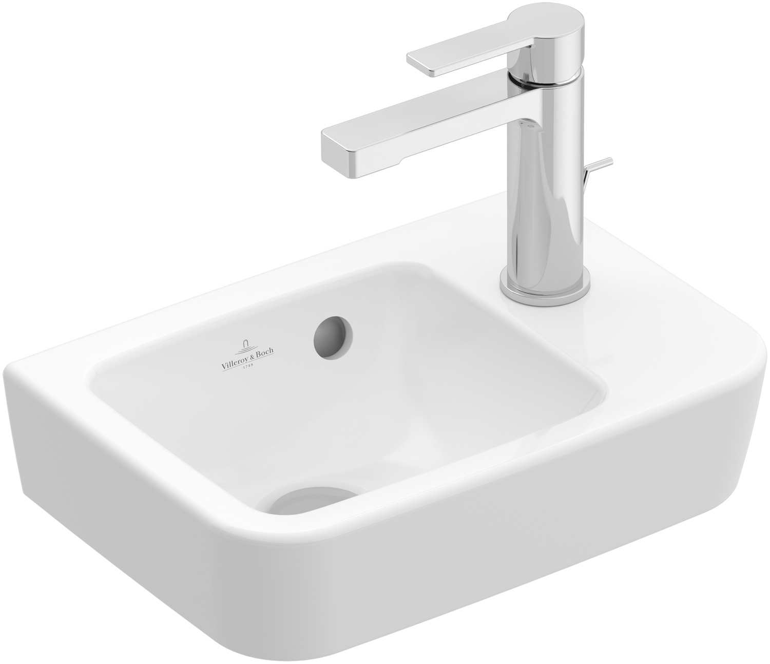 Handwaschbecken Compact O.novo 434337, 360 x 250 mm, Eckig, Becken links, 1HL. Hahnloch rechts durchgestochen, ohne Überlauf, Weiß Alpin