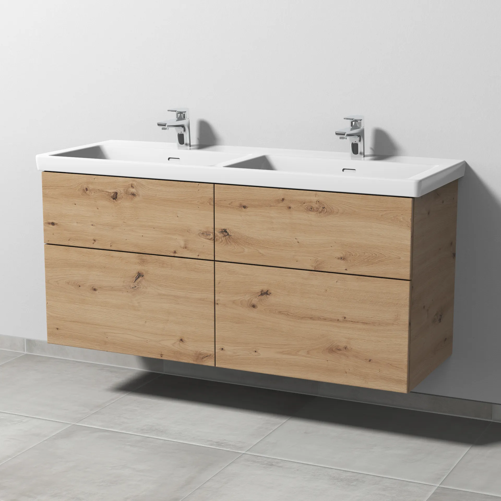 Sanipa Waschtischunterschrank „3way“ 1255 × 588 × 462 mm in Eiche Natural-Touch, Becken links und rechts