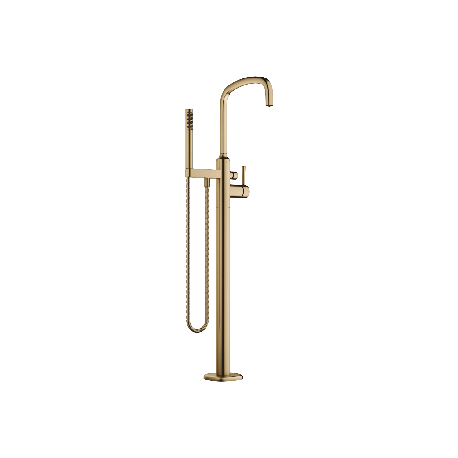 Dornbracht COYA Wannen-Einhandbatterie mit Standrohr, Dark Brass gebürstet PVD, Ausladung 280 mm, Höhe 1.016–1.086 mm, Durchfluss max. 24,6 l/min bei 3 bar, schwenkbarer Auslauf 360°, automatische Wanne/Brause-Umstellung