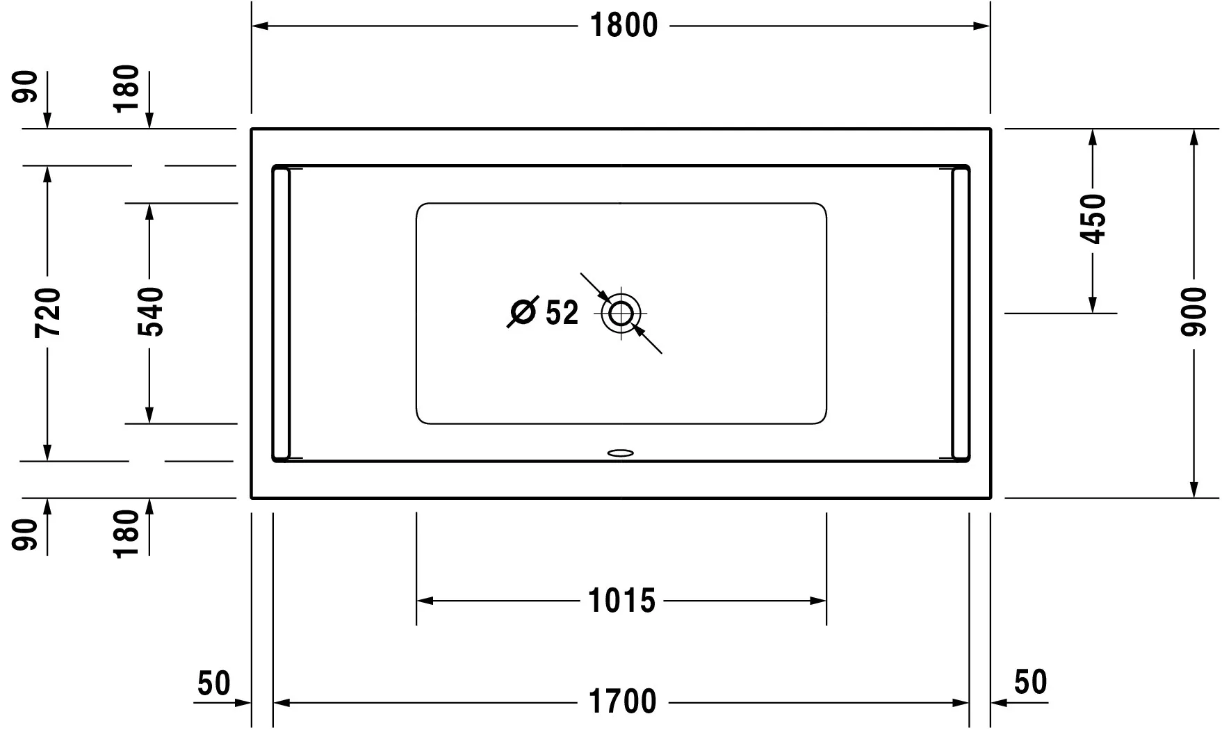 Duravit Badewanne „Starck“ rechteck 180 × 90 cm, Mittelablauf