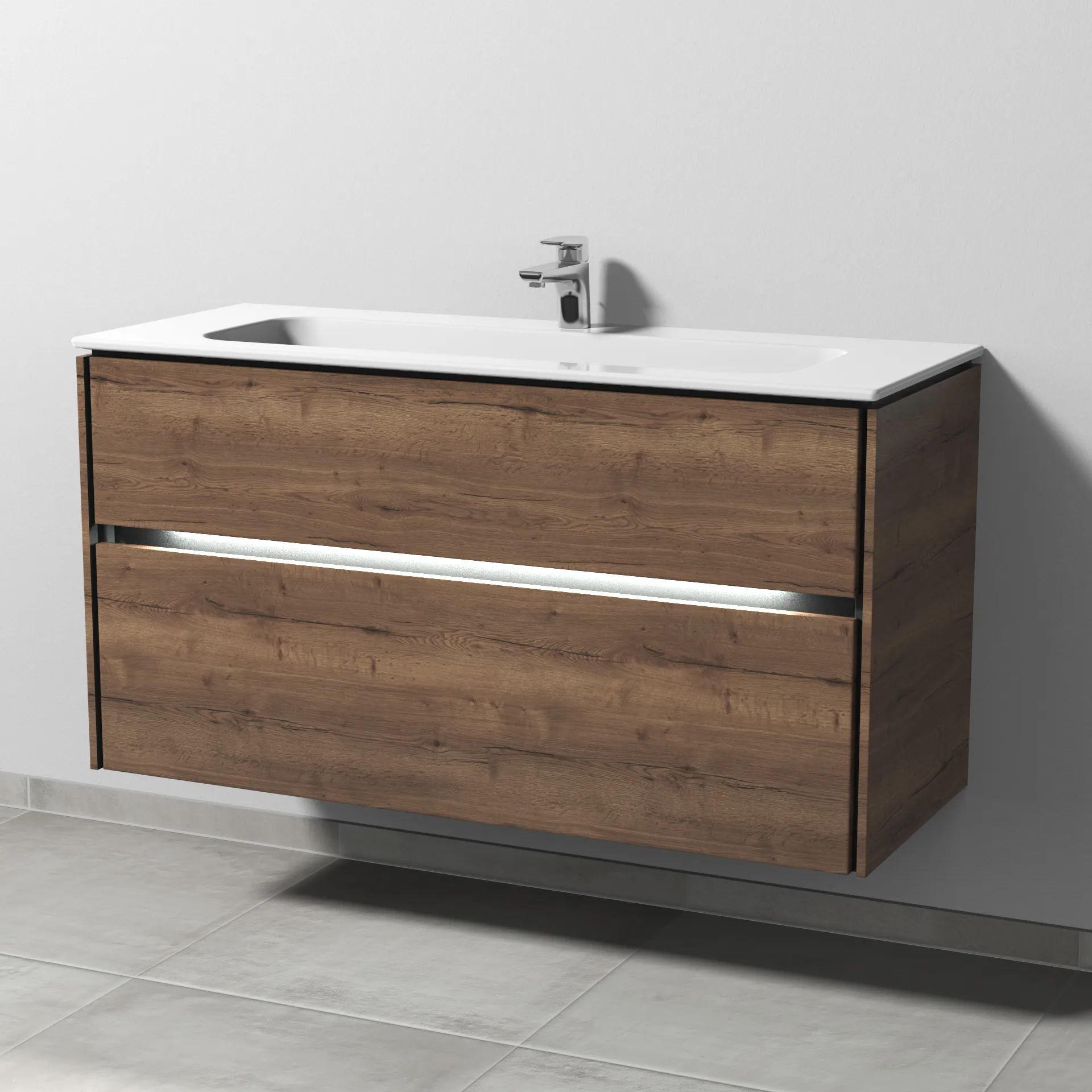 Keramik-Waschtisch-Set mit Waschtischunterschrank „Twiga“ 119 × 46 × 61 cm in Eiche Tabak, mit Hahnlochbohrung, mit Beleuchtung Keramik-Waschtisch-Set mit Waschtischunterschrank „Twiga“ 119 × 46 × 61 cm in Eiche Tabak, mit Hahnlochbohrung, mit Beleuchtung