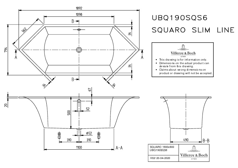 Villeroy & Boch Badewanne „Squaro Slim Line“ sechseck 189,2 × 79,4 cm, sechseckig, Mittelablauf 