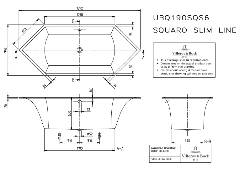 Villeroy & Boch Badewanne „Squaro Slim Line“ sechseck 189,2 × 79,4 cm, Mittelablauf