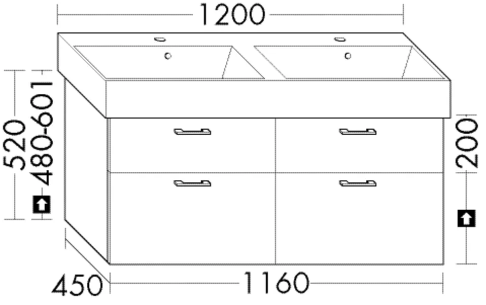 Burgbad Waschtischunterschrank Sys30, Catalano Premium 12VPUPD, 440x1160x520 mm, 2 Auszüge oben/unten, Siphonausschnitt