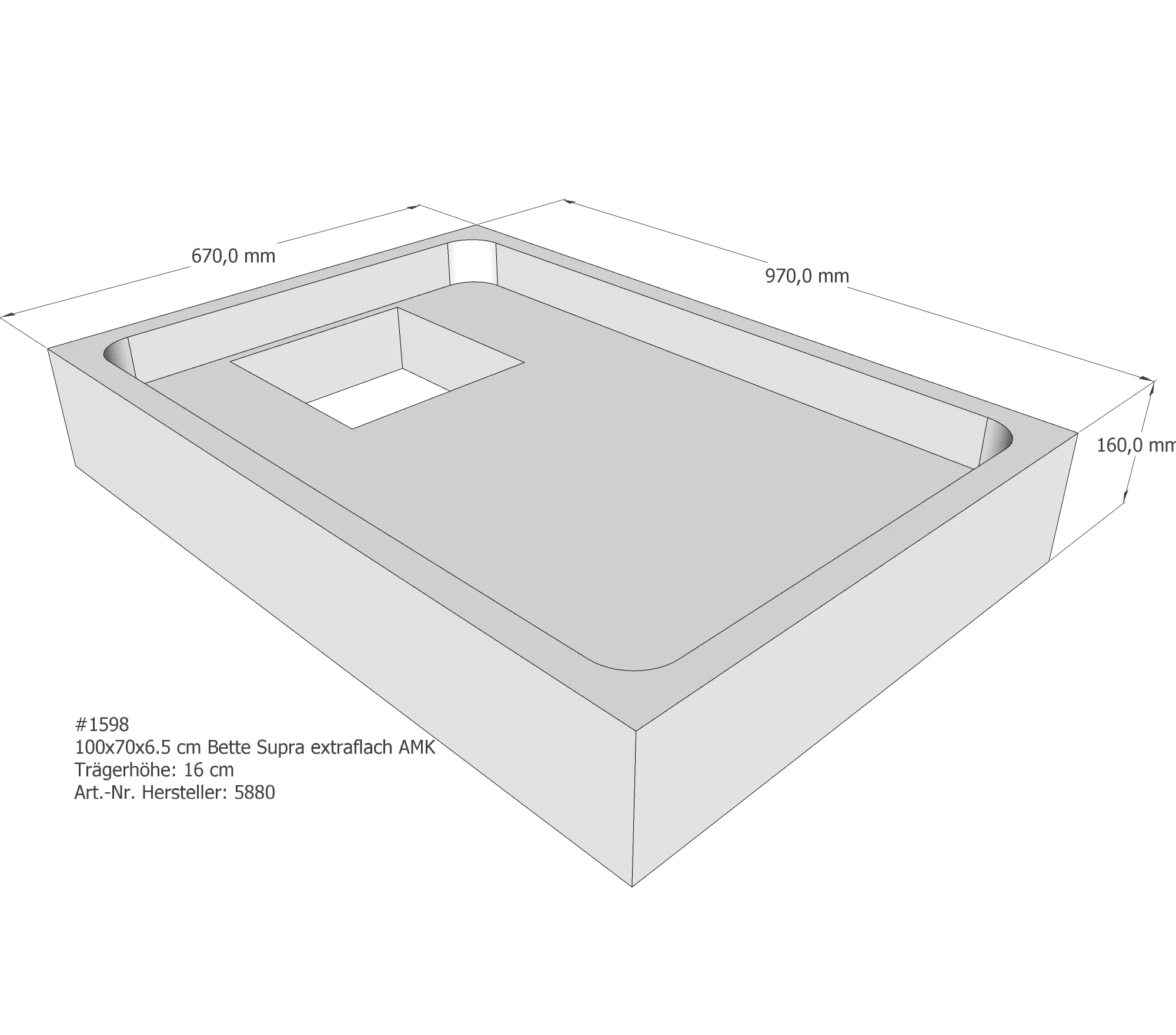 Duschwannenträger für Bette Supra (extraflach) 100 × 70 × 6,5 cm Breite: 70 cm / Länge: 100 cm