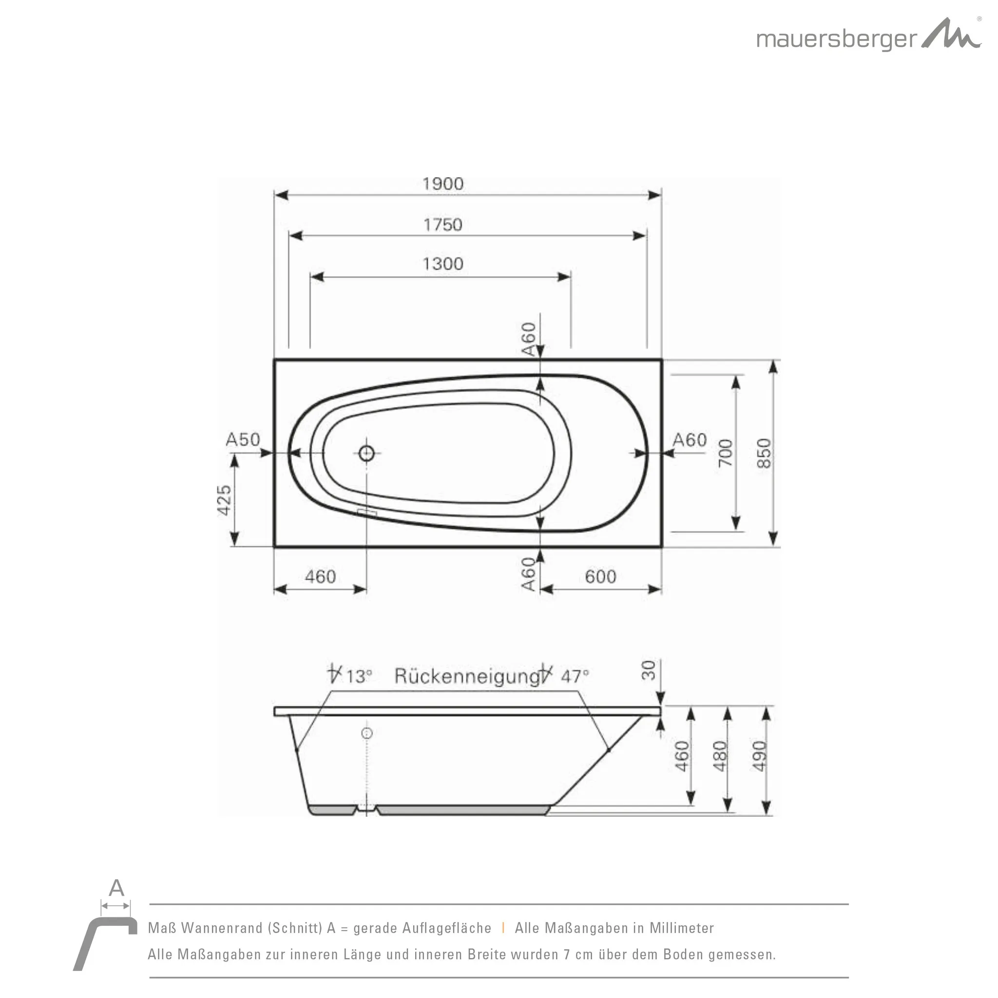 Mauersberger Acryl-Badewanne pilosa 190/85, 1900x850x490, rein-weiß